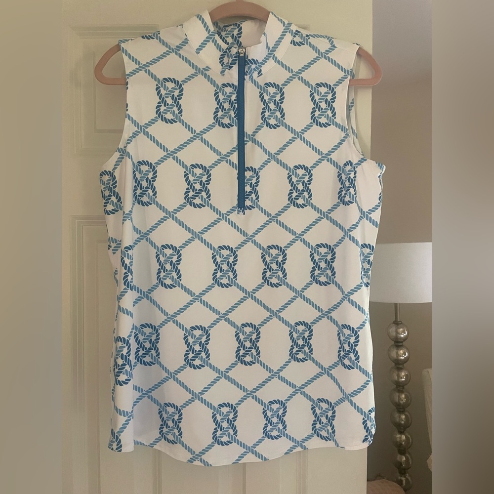 Jofit sleeveless zip top. Size L. Moisture wick. Blue nautical design.
